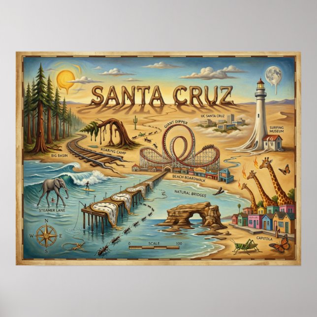Poster Mapa Pop Art de Santa Cruz – Marco Costeiro Ousado (Frente)