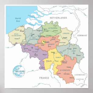 Poster Mapa pormenorizado da Bélgica