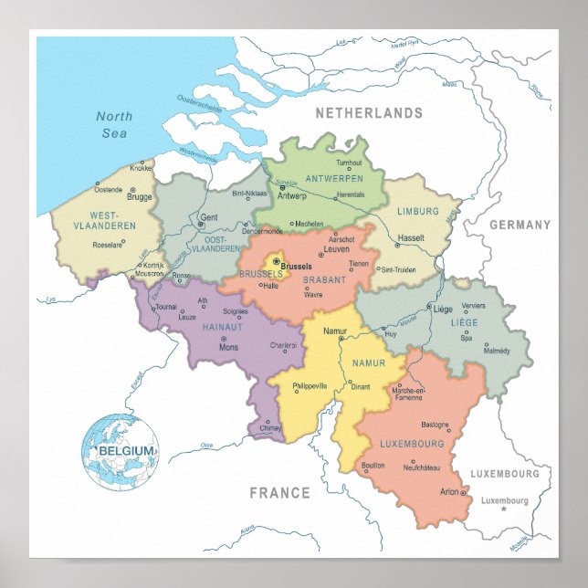 Poster Mapa pormenorizado da Bélgica (Frente)