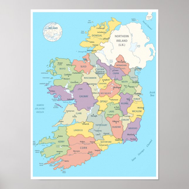 Poster Mapa pormenorizado da Irlanda (Frente)