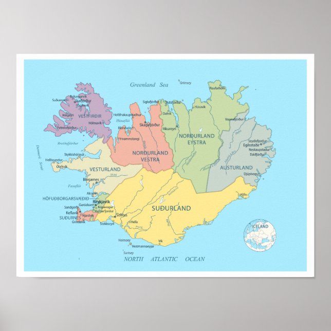 Poster Mapa pormenorizado da Islândia (Frente)