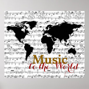 Pôster mapa preto com notas musicais