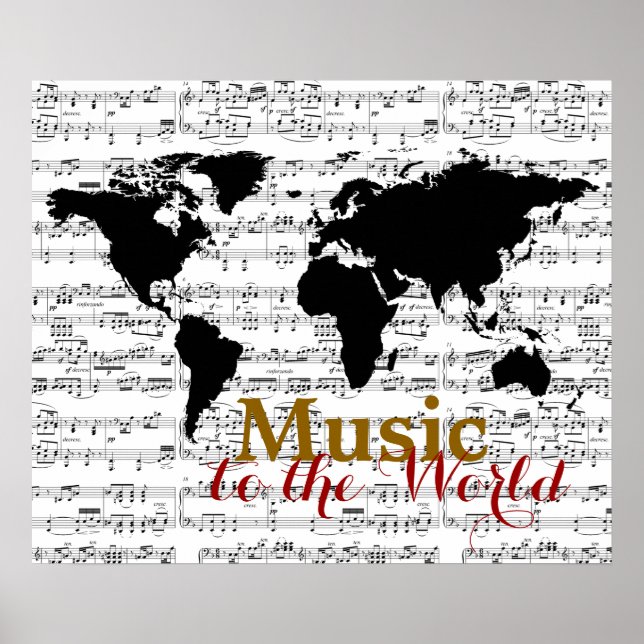 Pôster mapa preto com notas musicais (Frente)