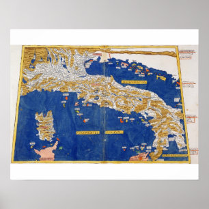 Poster Mapa Ptolemaic de Italia, 1482 (litho colorido)