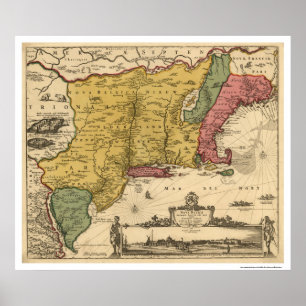 Poster Mapa regional de Nova Inglaterra - 1685
