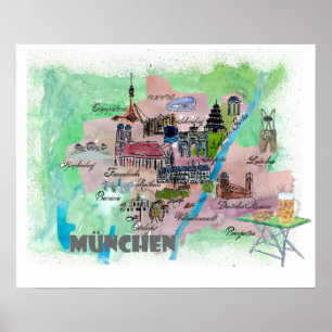 Poster Mapa retro de Munich Baviera com destaques