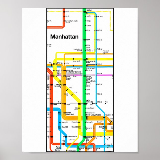 Poster Mapa Retro do Metrô de Manhattan Nova York Nyc Trâ (Frente)