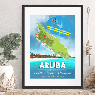Poster Mapa Romântico da Ilha de Aruba para Férias em Lua