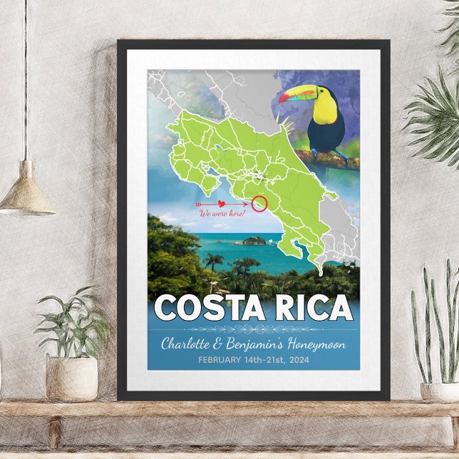 Poster Mapa Romântico da Lua de mel da Costa Rica (Romantic Honeymoon Vacation To Costa Rica Map Poster - Sketch Mockup)