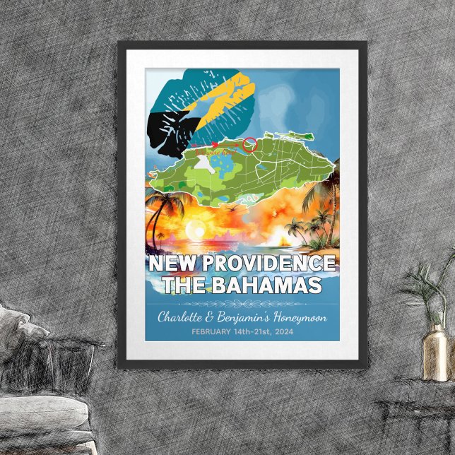 Poster Mapa Romântico das Bahamas da Nova Providência, Lu (New Providence Bahamas Honeymoon Memories Poster - Sketch Mockup)