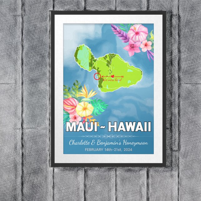 Poster Mapa Romântico das Férias em Lua de mel Maui Hawai (Maui Hawaii Map Honeymoon Vacation Poster - Sketch Mockup)