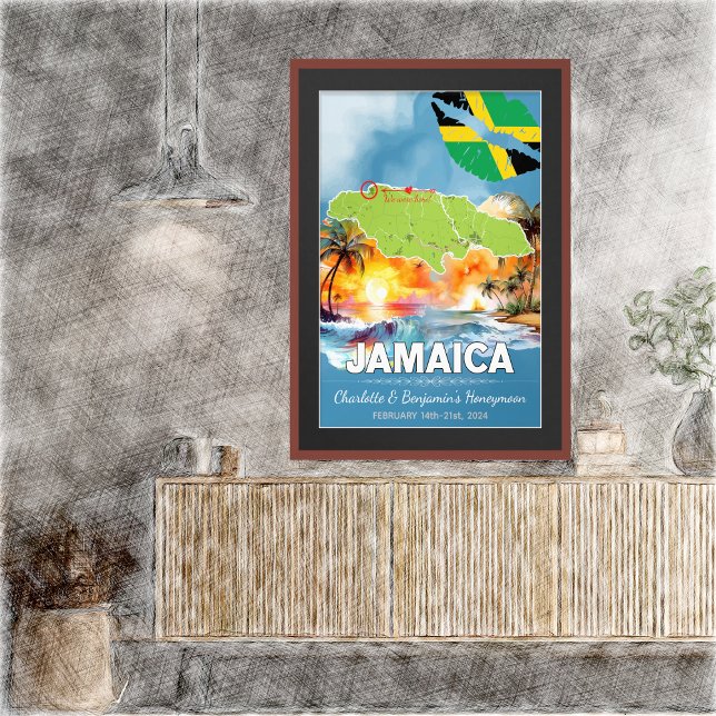 Poster Mapa Romântico das Ilhas da Lua de mel Jamaica (Romantic Honeymoon Vacation To Jamaica Poster - Sketch Mockup)