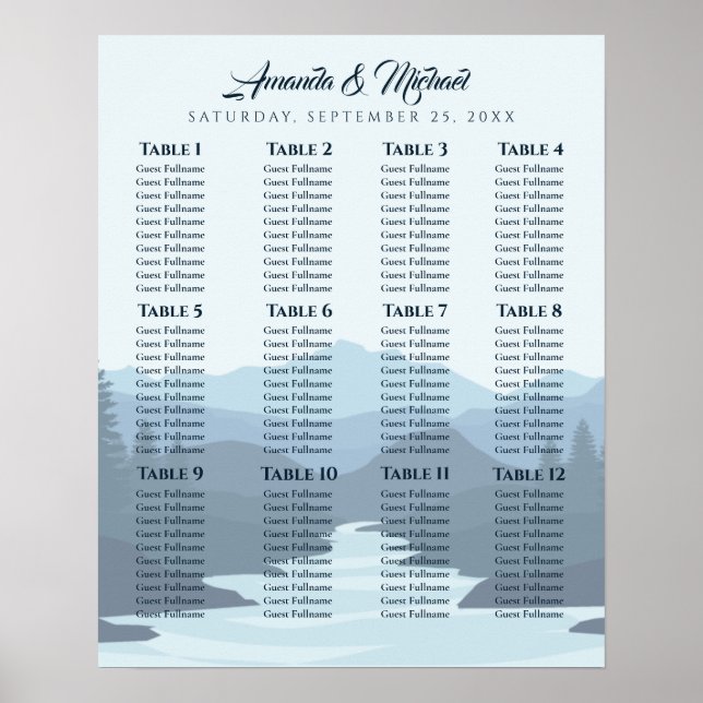 Poster Mapa Rustic Misty Mountain Wedding Seating Chart (Frente)