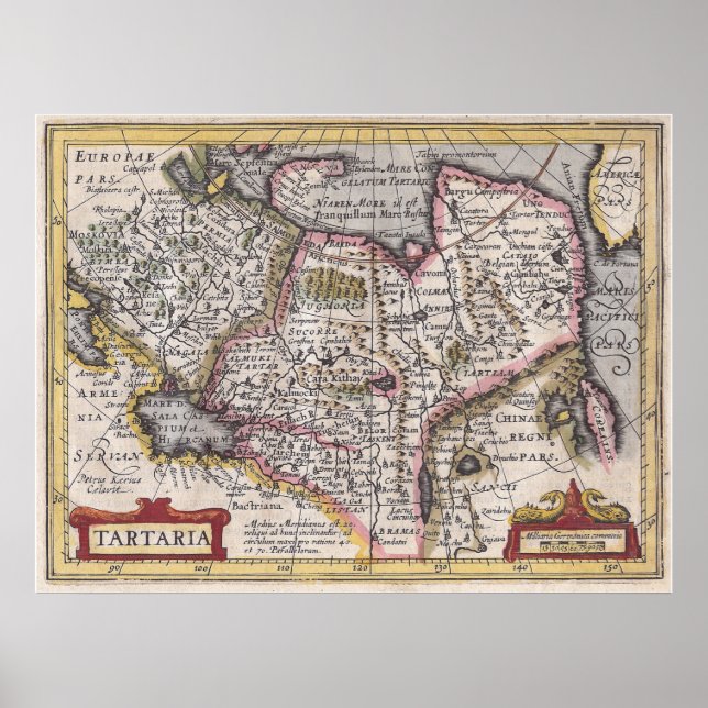 Pôster Mapa Tatário Antiquado da Ásia Central e Norte (Frente)