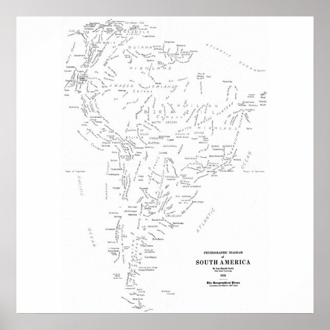 Pôster Mapa tipográfico da América do Sul (Frente)