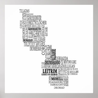 Pôster Mapa tipográfico negro de Co. Leitrim, Irlanda