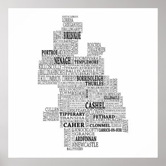 Pôster Mapa tipográfico negro de Co. Tipperary, Irlanda