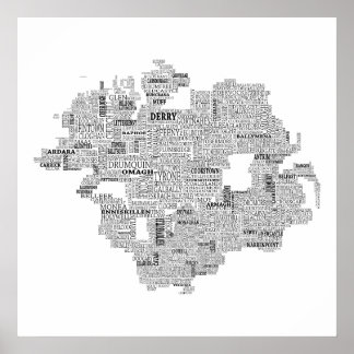 Pôster Mapa tipográfico negro de Ulster, Irlanda