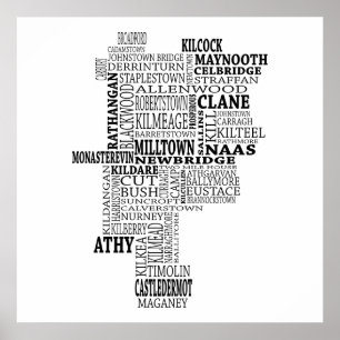 Poster Mapa tipográfico preto de Co. Kildare, Ireland