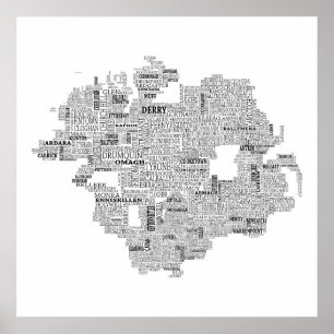 Pôster Mapa tipográfico preto de Ulster, Ireland
