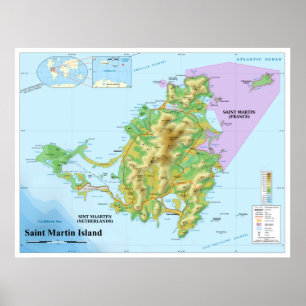 Poster Mapa topográfico da ilha das Caraíbas de St Mart