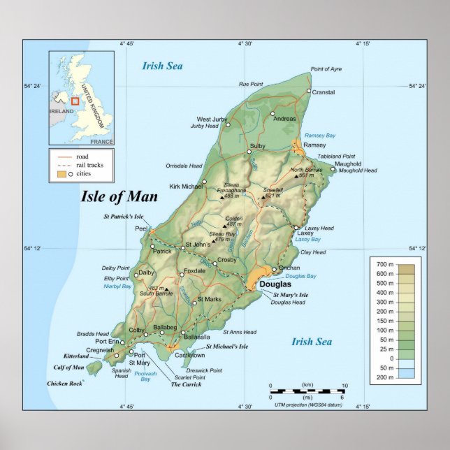 Pôster Mapa Topográfico da Ilha de Man (Frente)