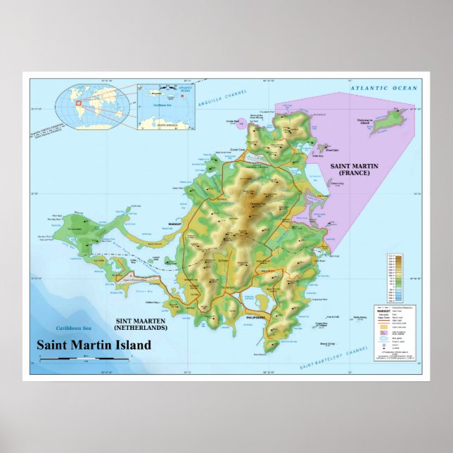Poster Mapa Topográfico da Ilha do Caribe Martin Santo (Frente)