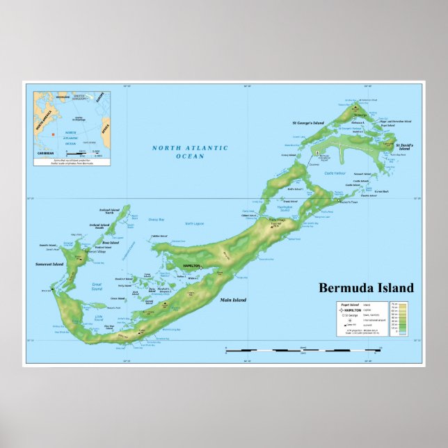 Pôster Mapa Topográfico das Ilhas Bermudas Excelente Grã- (Frente)