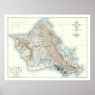Poster Mapa Topográfico de Oahu Hawaii 1938