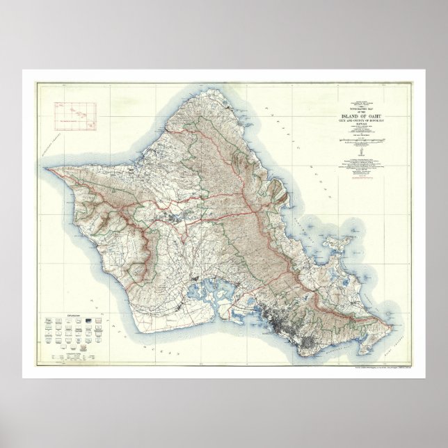 Poster Mapa Topográfico de Oahu Hawaii 1938 (Frente)