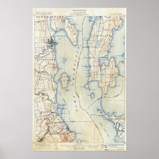 Pôster Mapa Topográfico de Vintage Plattsburgh Nova York (Frente)