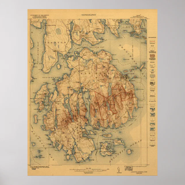 Mapa Acadia Poster Mapa Topográfico do Acadia National Park 1922 | Zazzle Brasil