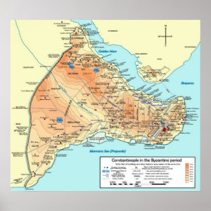 Pôster Mapa topográfico do bizantino de Constantinople