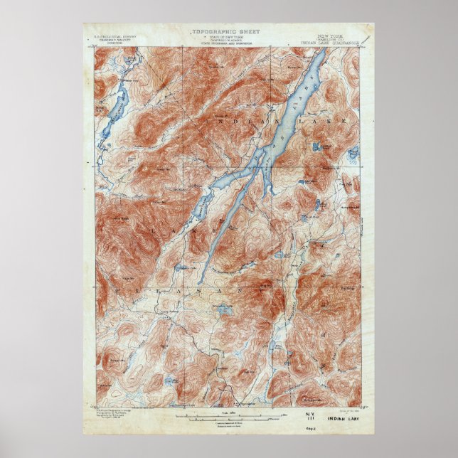 Pôster Mapa Topográfico do Lago Indígena Vintage em Nova  (Frente)