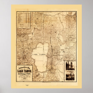 Poster Mapa topográfico do lago Tahoe (1874)