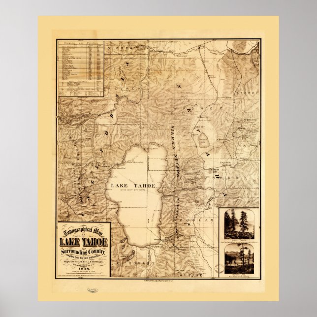 Poster Mapa topográfico do lago Tahoe (1874) (Frente)