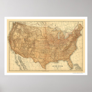 Poster Mapa topográfico dos EUA - 1883