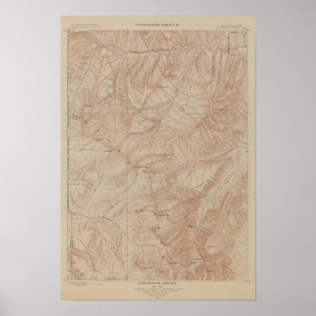 Poster Mapa Topográfico, Parte Nacional Yellowstone, Wyom (Frente)