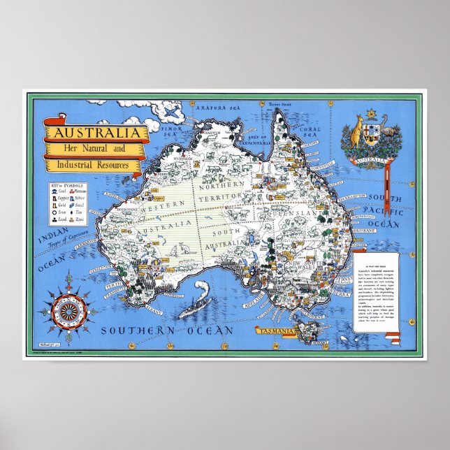 Pôster Mapa turístico do vintage australiano (Frente)