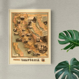 Poster Mapa Único Restaurado Vintage da Califórnia, 1885