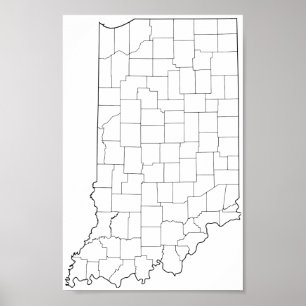 Pôster Mapa vazio do esboço dos condados de Indiana