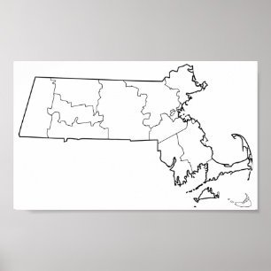 Pôster Mapa vazio do esboço dos condados de Massachusett