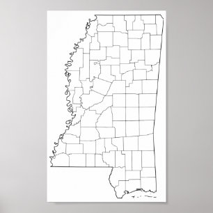 Poster Mapa vazio do esboço dos condados de Mississippi