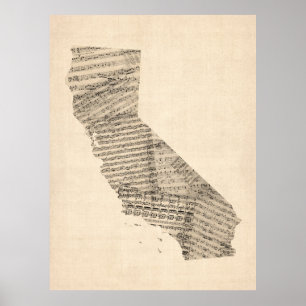 Pôster Mapa velho da partitura de Califórnia