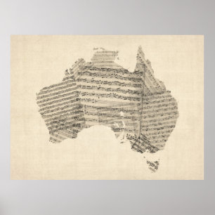 Pôster Mapa velho da partitura do mapa de Austrália
