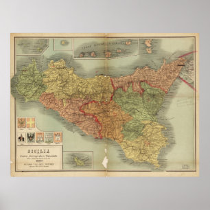 Pôster Mapa velho de Sicília desde 1900 (carta de