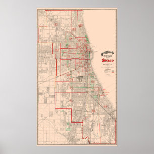 Poster Mapa velho do vintage de Chicago - 1893