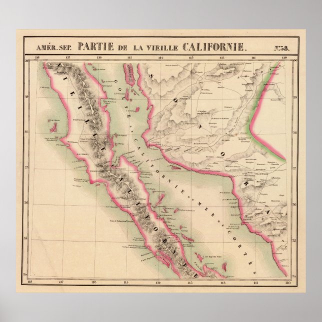 Poster Mapa Vintage da Baixa Califórnia (1827) (Frente)