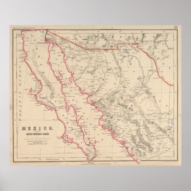 Poster Mapa Vintage da Baixa Califórnia (1857) (Frente)