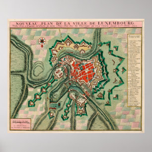 Poster Mapa Vintage da Cidade do Luxemburgo (1744)
